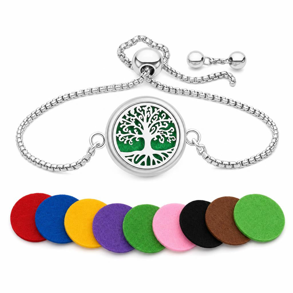 Pulsera Juvantra diseno Arbol de la vida, con discos de fieltro de colores