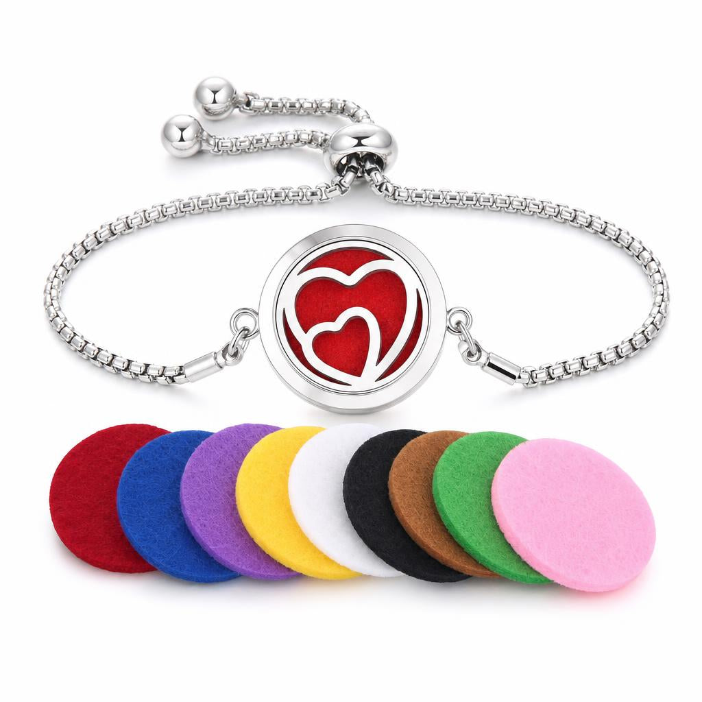 Pulsera Juvantra diseno Corazon, con discos de fieltro de colores