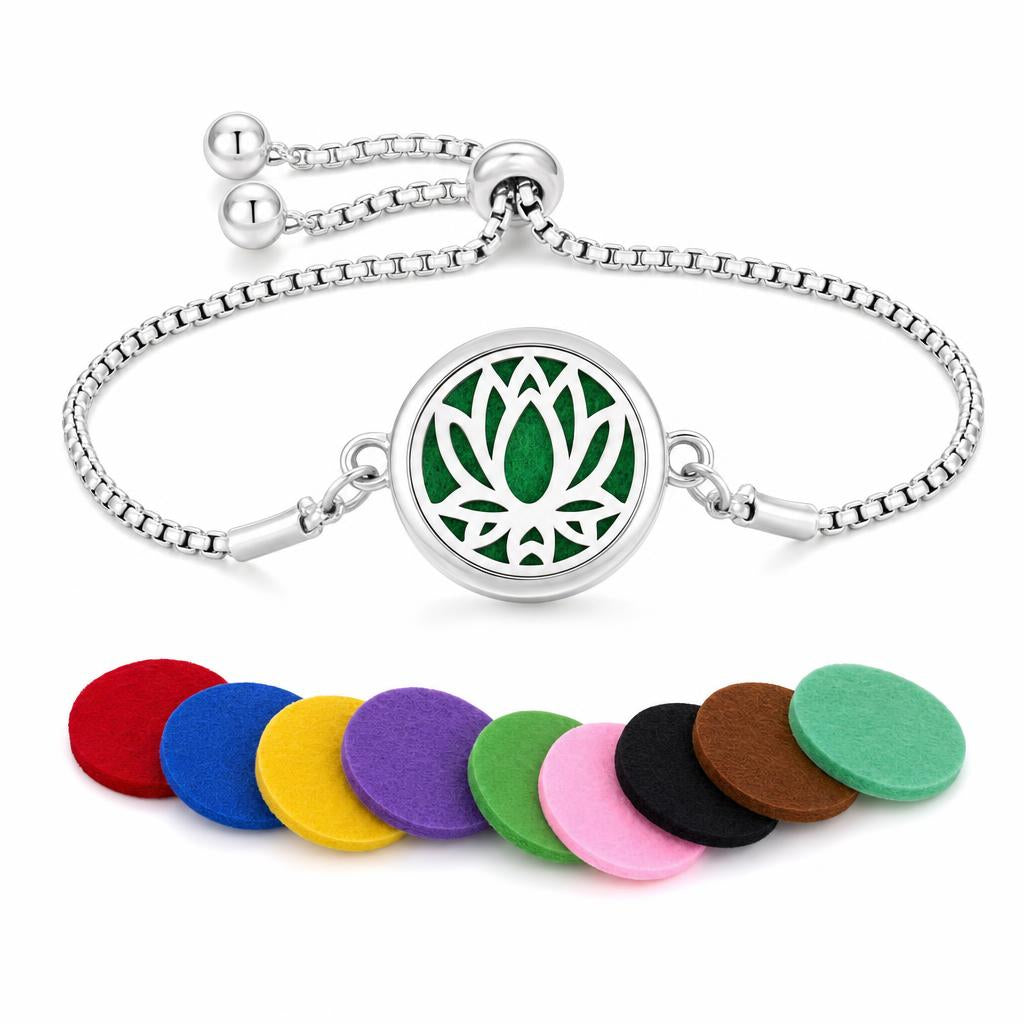 Pulsera Juvantra diseno Flor de loto, con discos de fieltro de colores